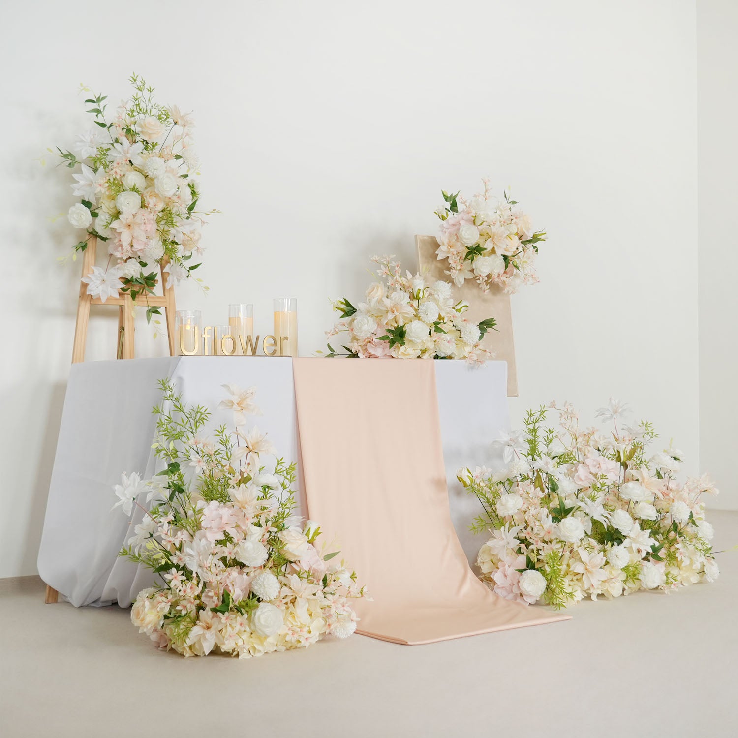 Uflower Artificial White Pink Wedding KT Backdrop Flower Row Decor